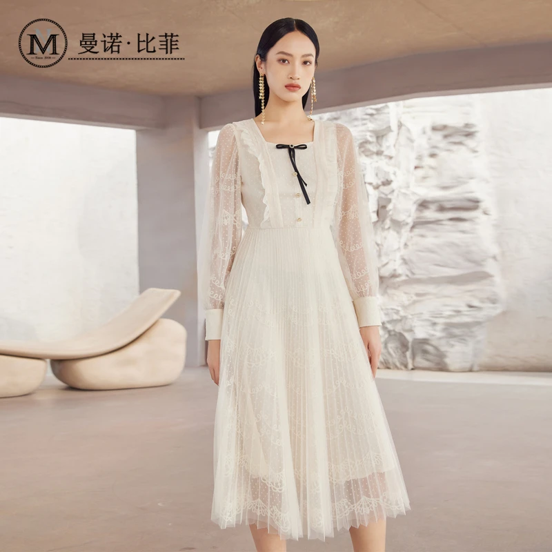 专柜同款秋季杏色网纱假两件连衣裙中长款MEEL131005