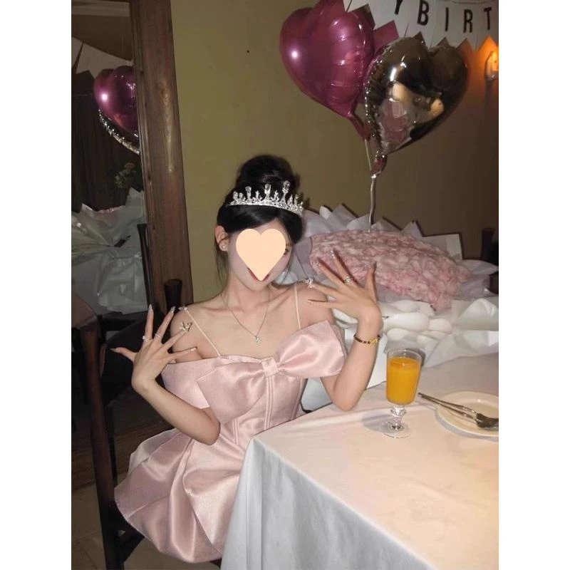 公主裙生日小礼服高端轻奢小众独特好看粉色吊带字连衣裙