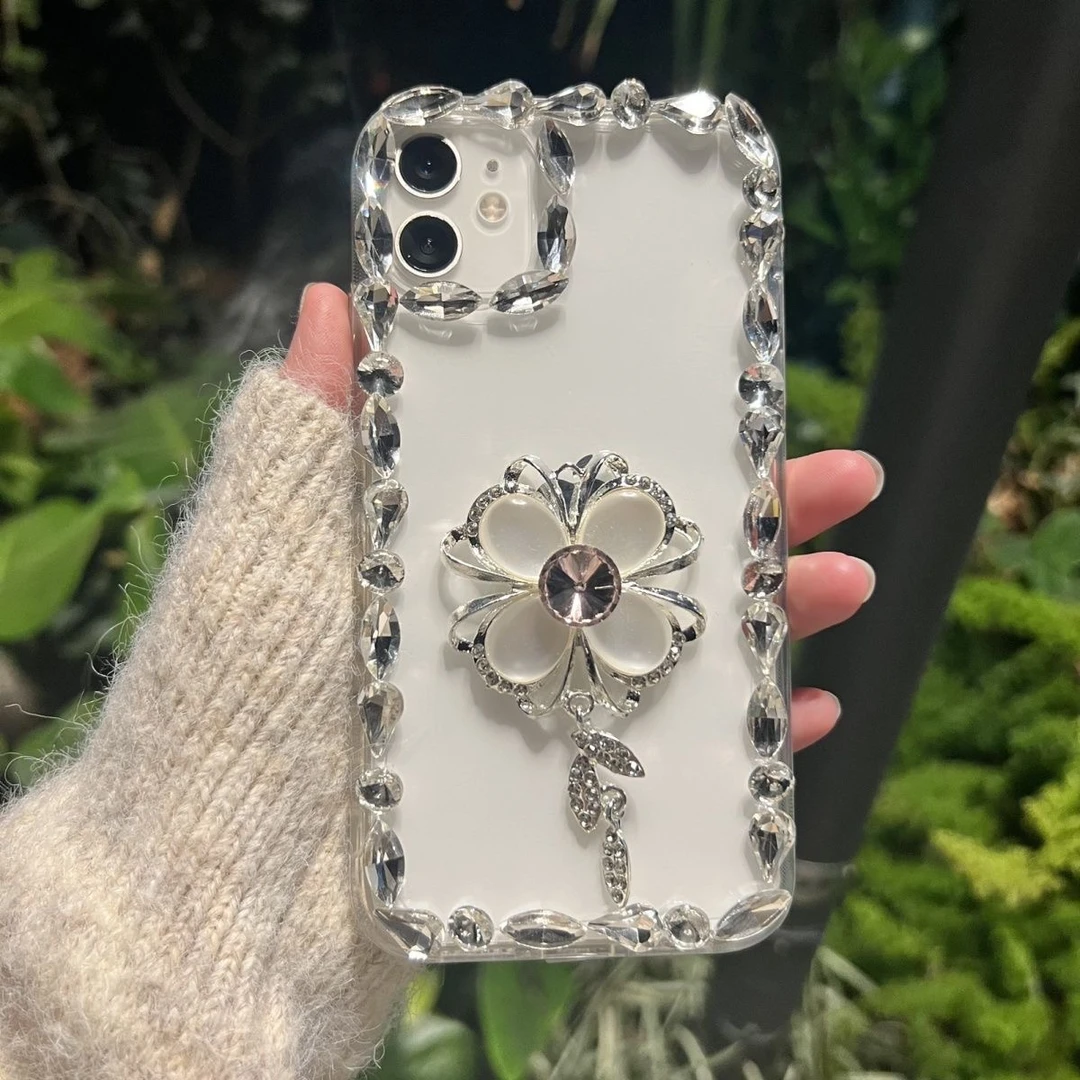 高级奢华水钻四叶草苹果通用手机壳爆款苹果16透明壳diy手工制作