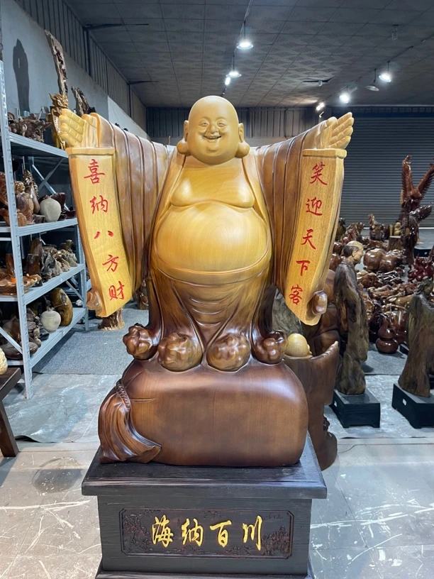 香樟木手工雕刻海纳百川弥勒佛摆件