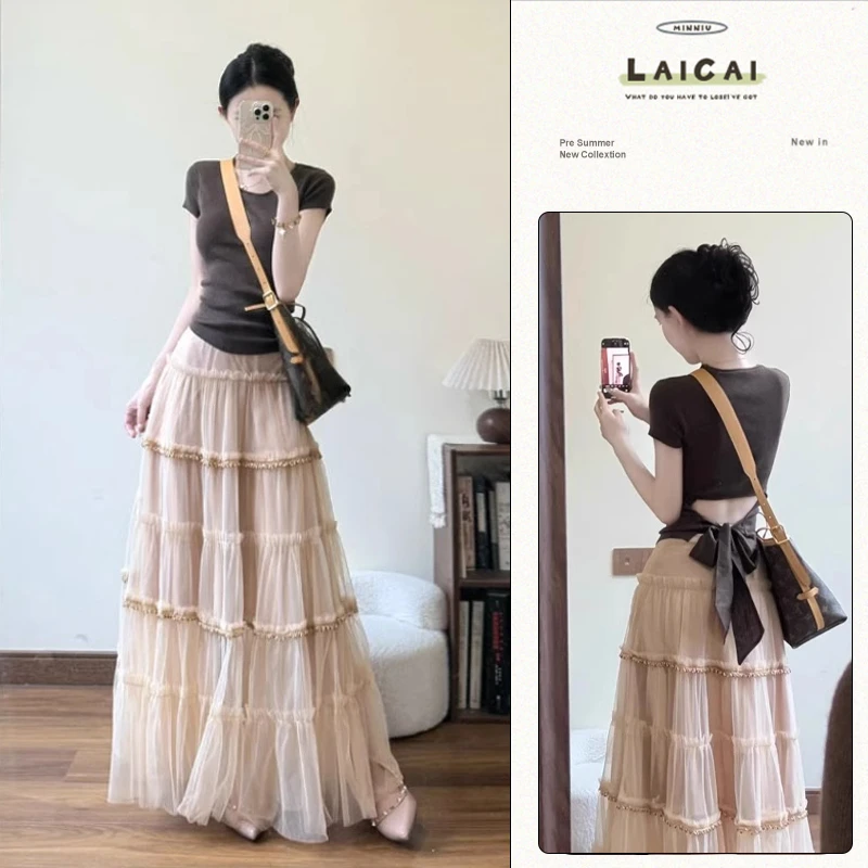 优雅小众设计收腰绑带短袖T恤显瘦花边网纱长裙夏季新款两件套女