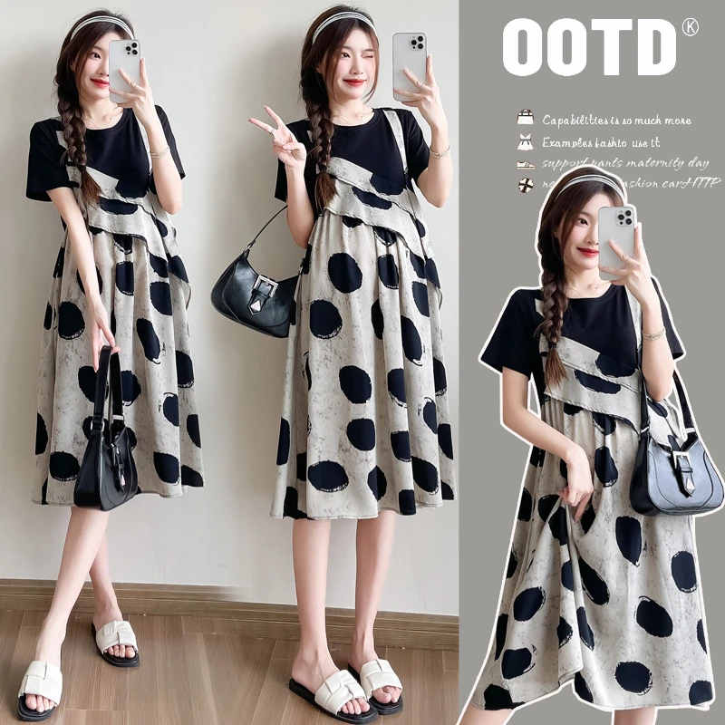 孕妇装2025宽松显瘦圆领A字裙短袖假两件拼接波点连衣裙孕期怀孕