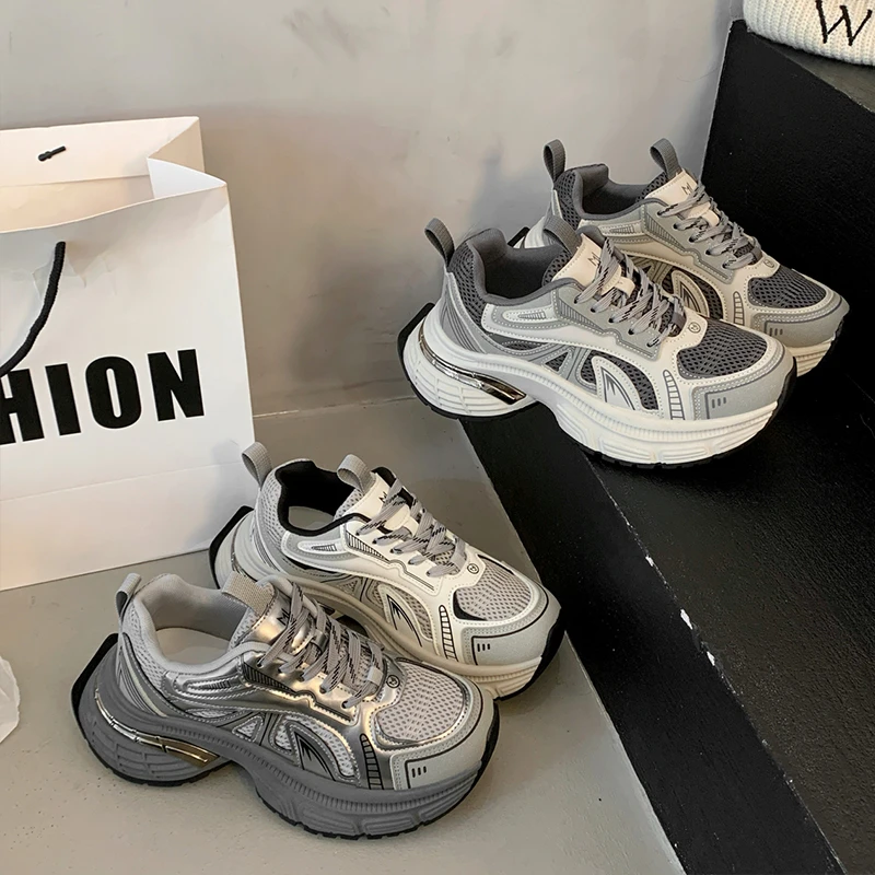 鞋子老爹鞋女款2025春季新款显脚小透气网面厚底运动鞋休闲鞋