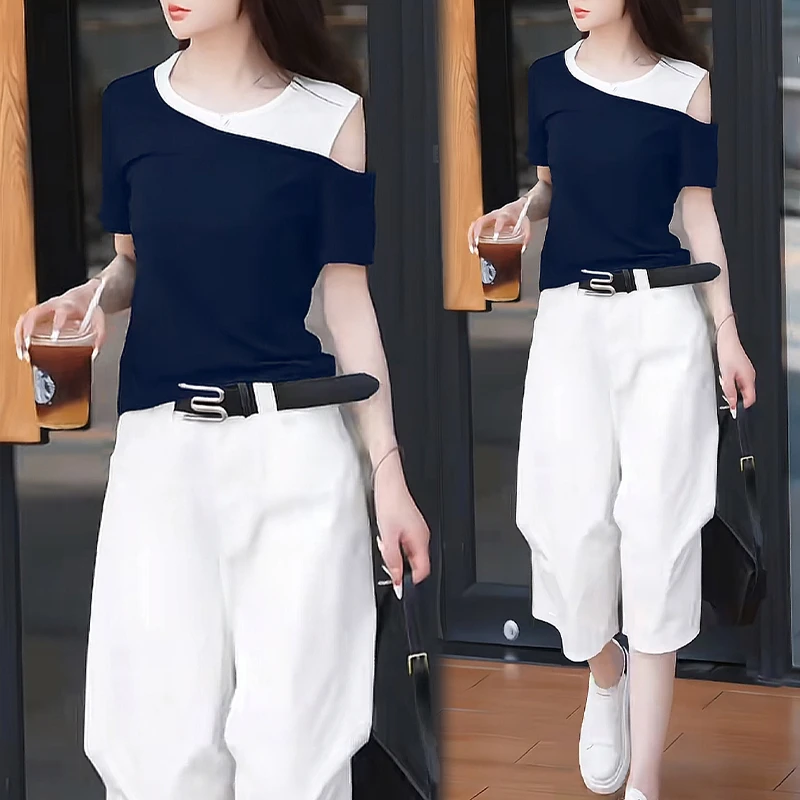 潮流百搭两件套女2026年夏季新款条纹上衣阔腿裤时尚百搭两件套