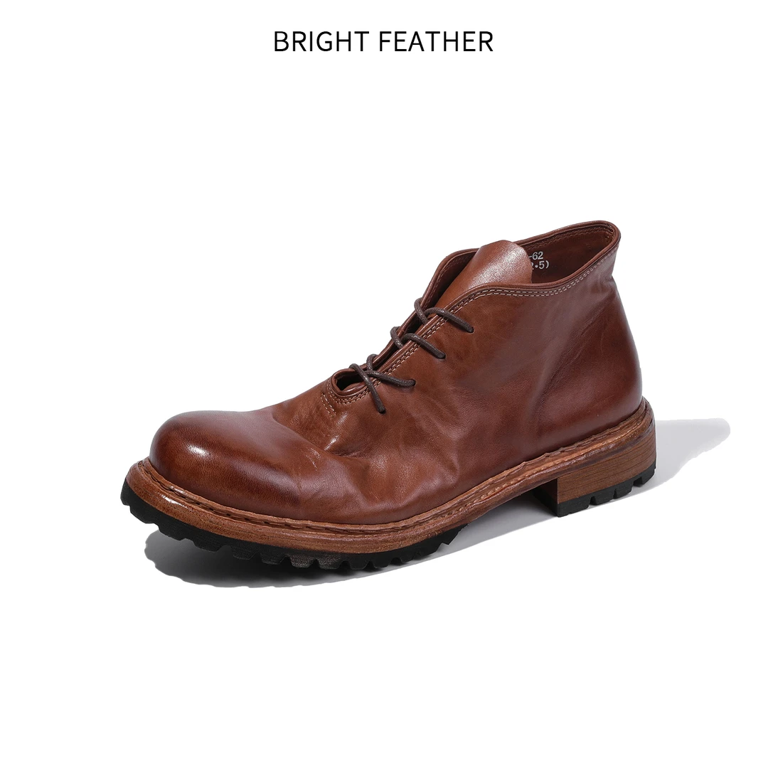BRIGHT FEATHER水洗做旧中帮马丁靴男英伦风圆头系带真皮男士靴子