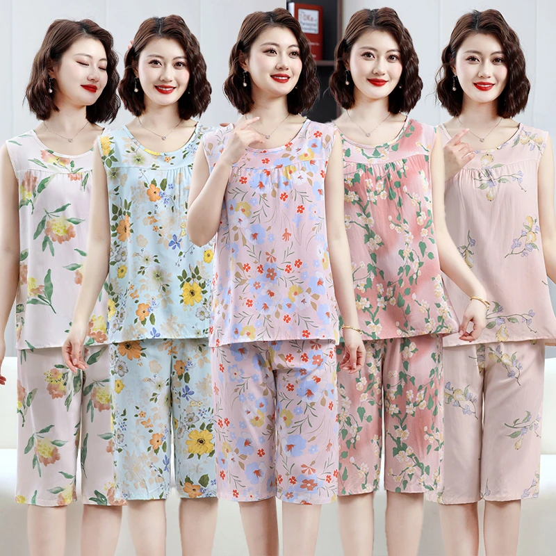 2025夏季新款绵绸睡衣女套装无袖五分裤两件套居家服空调服312
