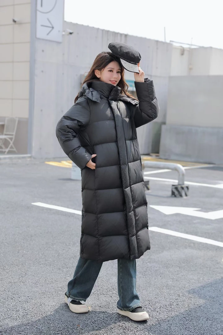 艾圃8668冬季新款黑金被子款羽绒服长款连帽修身款