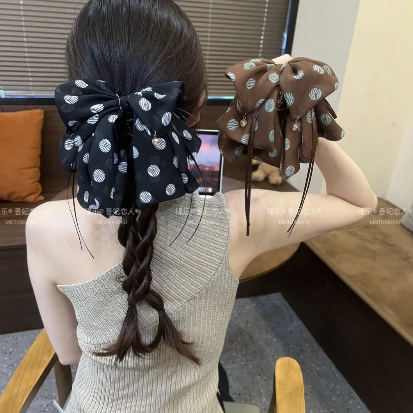 香妃恋人大波点马尾夹韩版高马尾抓夹百搭气质高级感蝴蝶结抓夹