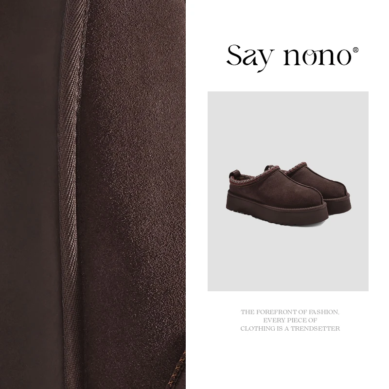 Say nono 女士休闲舒适低帮厚底一脚蹬懒人鞋保暖包头雪地靴4cm