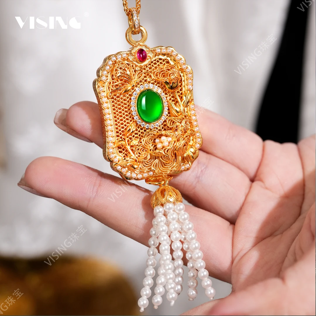 VISING 吊坠925银合成锆石 金色花丝镶嵌蝶飞凤舞流苏团扇吊坠