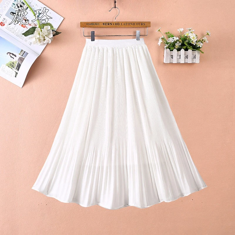 雪纺百褶半身裙女白色夏季2025新款高腰小个子中长款a字大摆伞裙