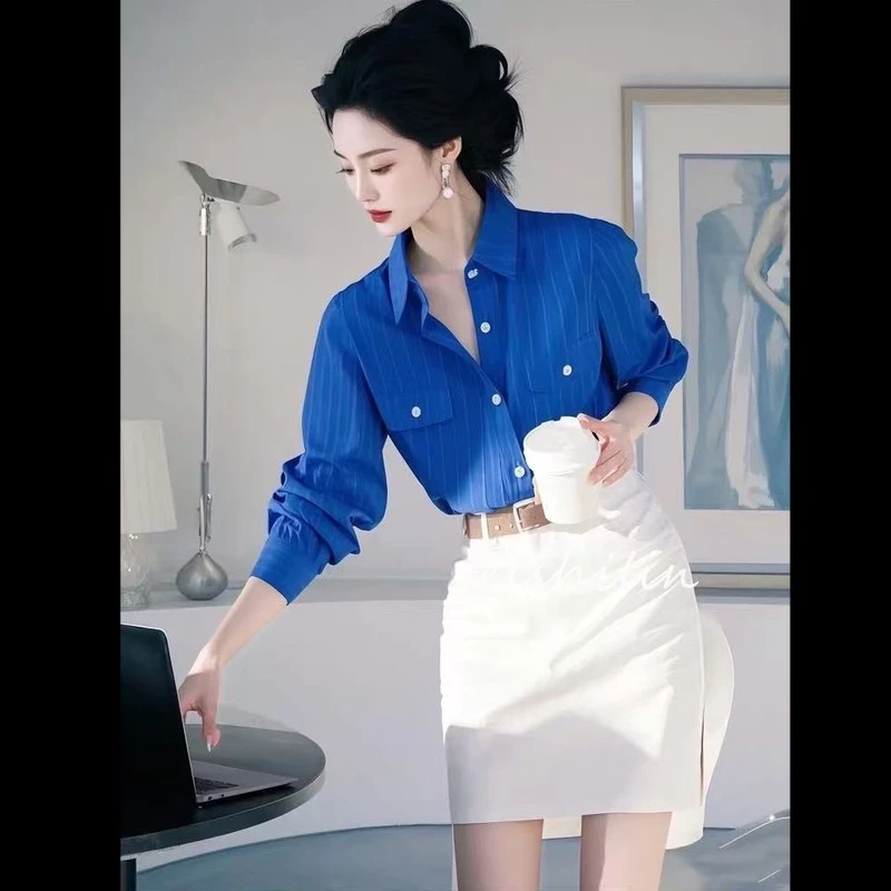 克莱因蓝polo领长袖衬衫女设计感小众独特别致超好看绝美上衣套装