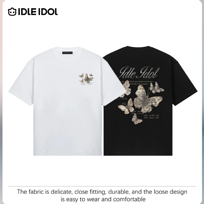 IDLE IDOL夏季新款百搭时尚休闲蝴蝶字母情侣款宽松男装短袖T恤