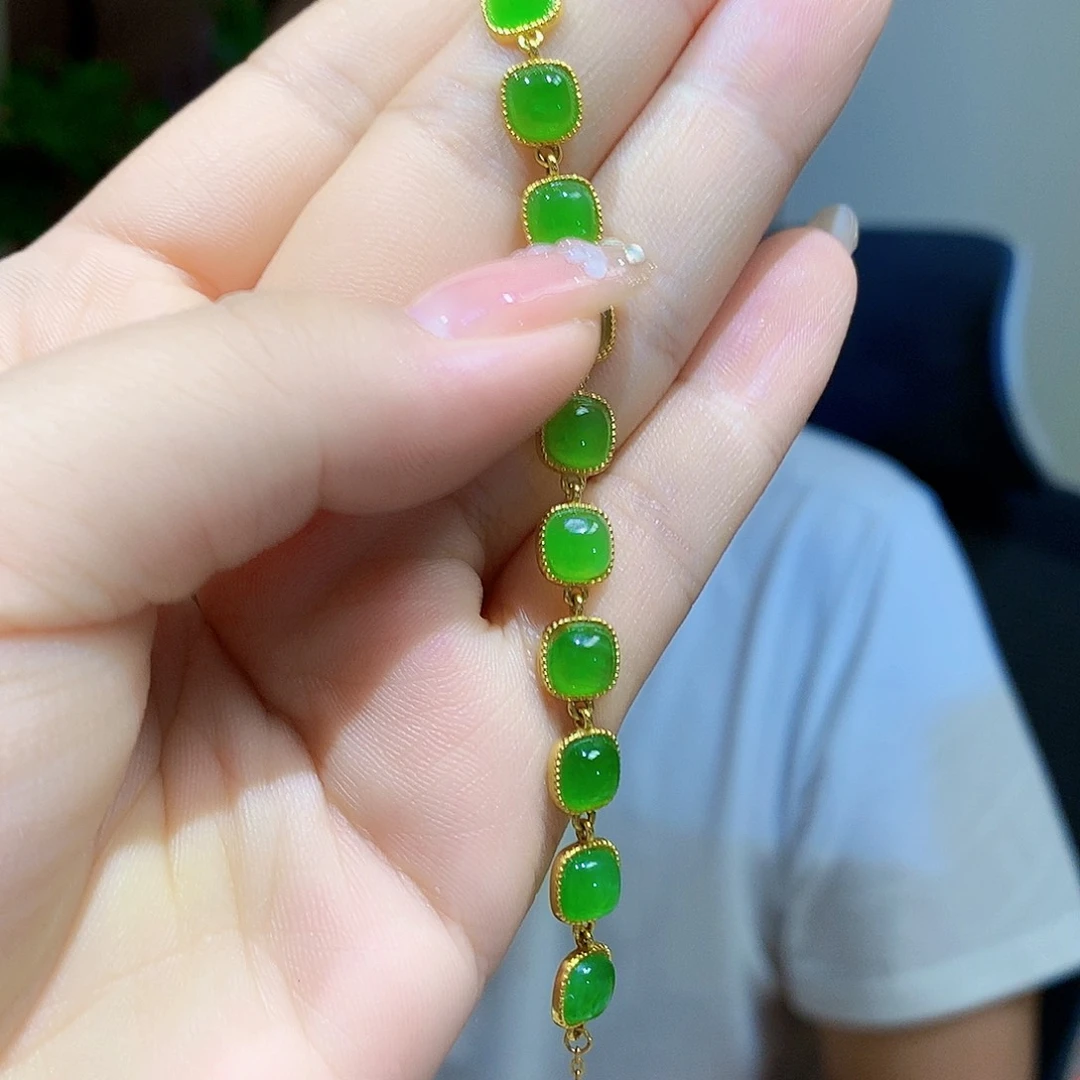 银S925镀金镶嵌手链和田玉（碧玉）