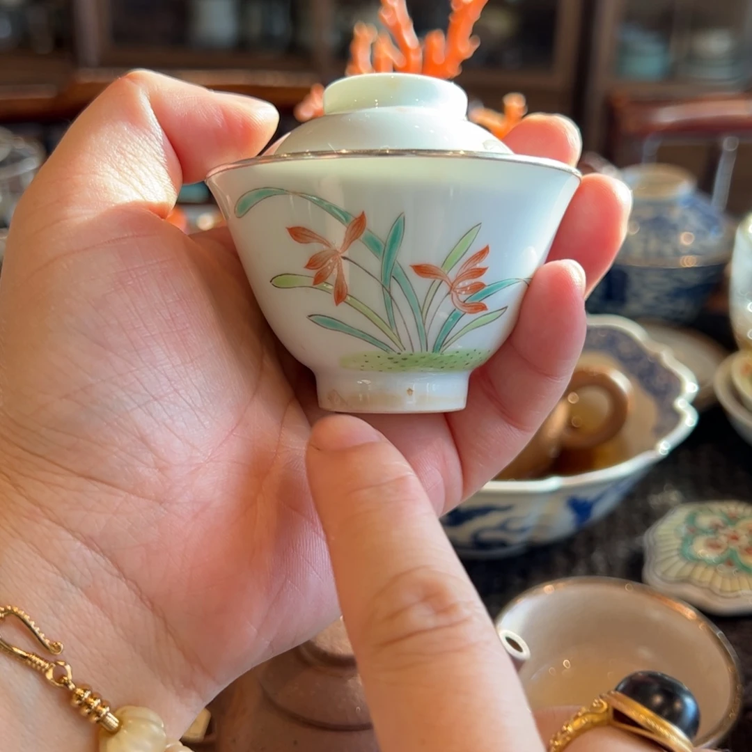 ✿****?手绘兰花包银口小盖碗一个