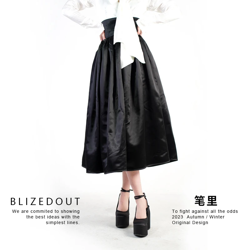 笔里【BLIZEDOUT】独立设计 302146 黑色醋酸百褶复古高腰半身裙