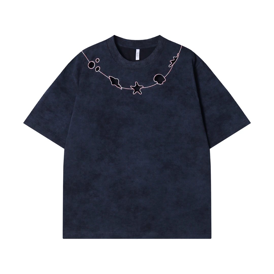 春夏新款时尚个性扎染撞色刺绣镂空圆领短袖T恤百搭情侣套头上衣