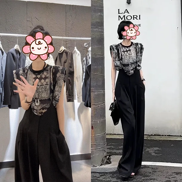 气质休闲风时尚套装女2025夏季新款无袖花色上衣配休闲背带阔腿裤