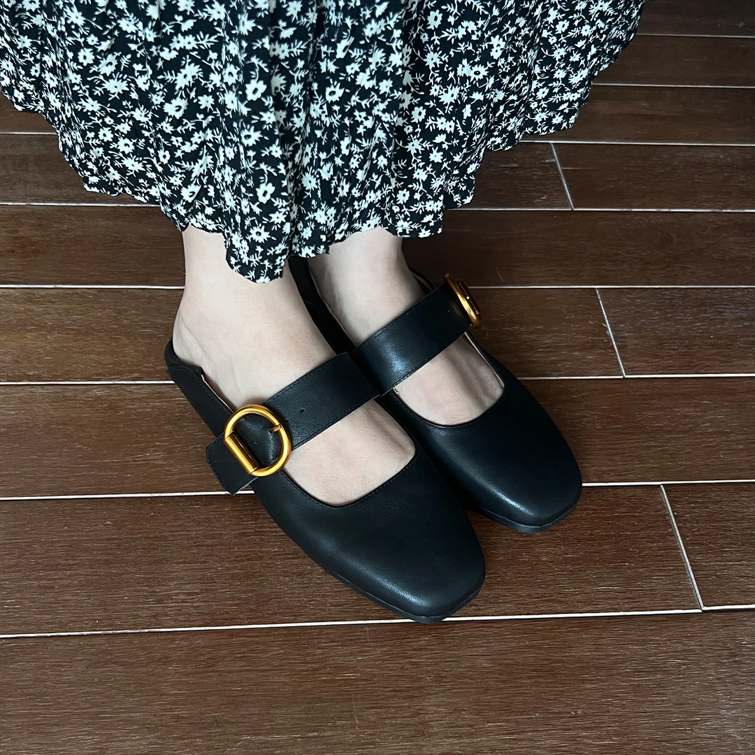 林印象黑色玛丽珍平底小皮鞋真皮一字扣带不累脚复古方头单鞋女