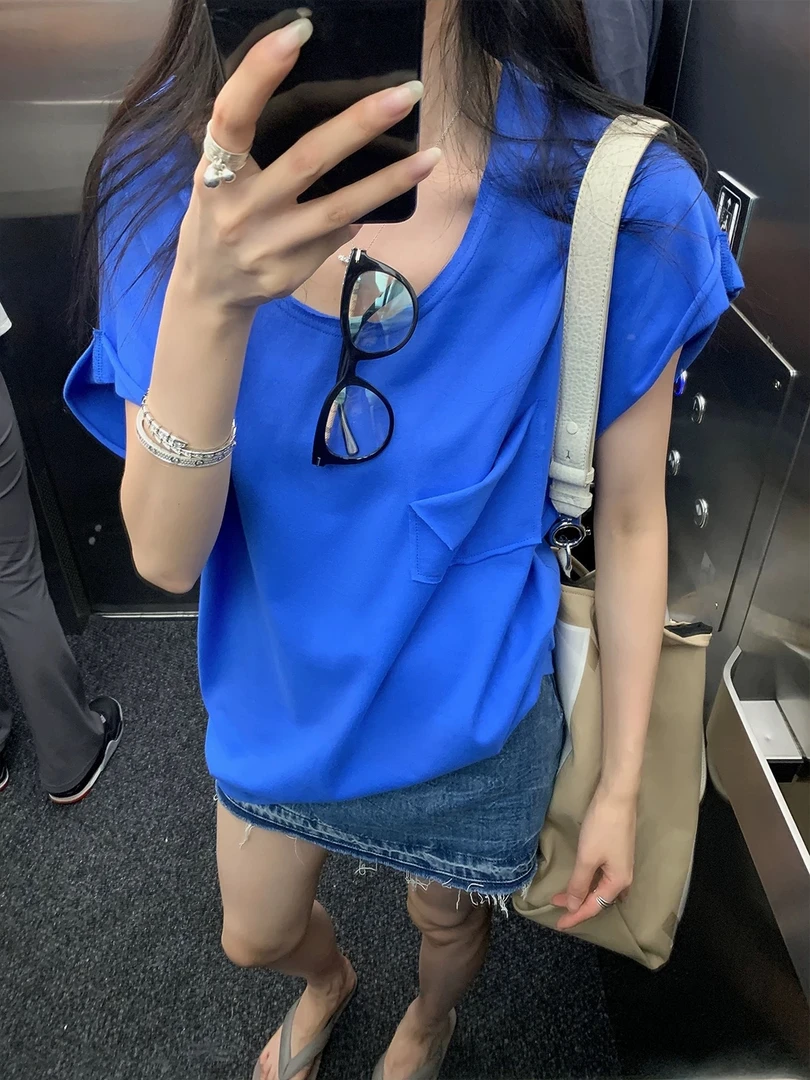 【纯棉】口袋短袖T恤女夏季2025新款宽松显瘦设计感小众圆领上衣