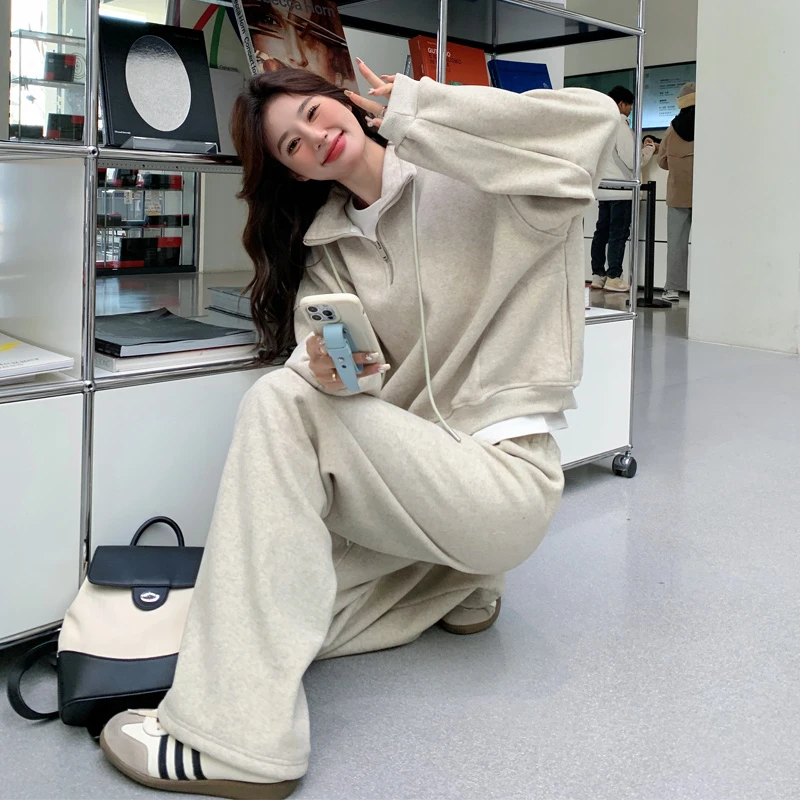 慵懒风纯色卫衣套装裤女2025春秋新款韩系穿搭休闲学院风两件套潮