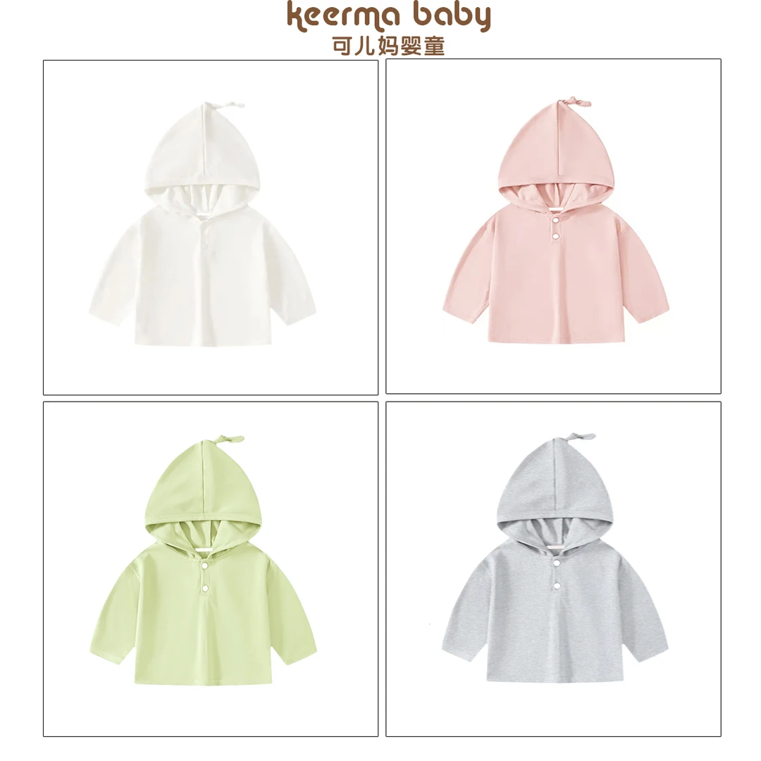 春秋休闲巫师帽婴儿揪揪帽插肩半前开卫衣女纯色带帽卫衣女童童装