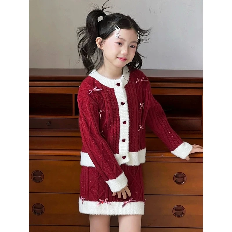 女童新年红色毛衣套装小香风时髦厚款毛衣开衫外套A字裙两件套潮