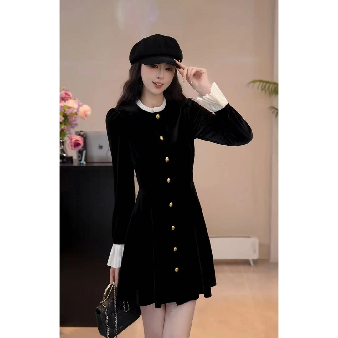 YUANLIANSU/圆脸酥【春日信号】千金风喇叭袖金丝绒连衣裙女装秋冬