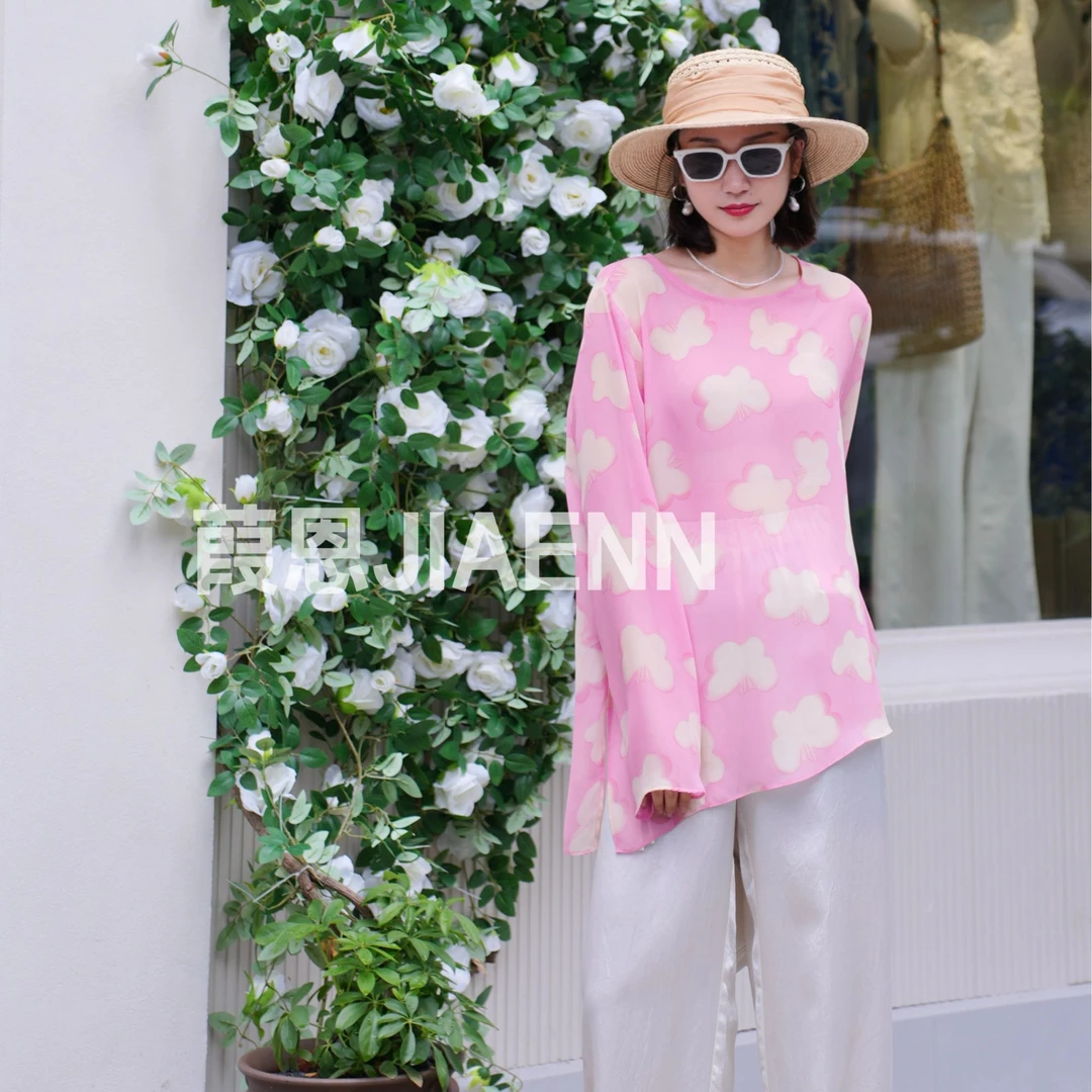 葭恩宽松乔其纱花色上衣028