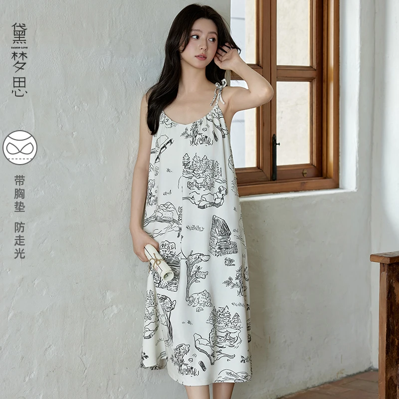 黛梦思吊带睡裙女夏季薄款纯棉带胸垫家居服甜美文艺淑女睡衣长款