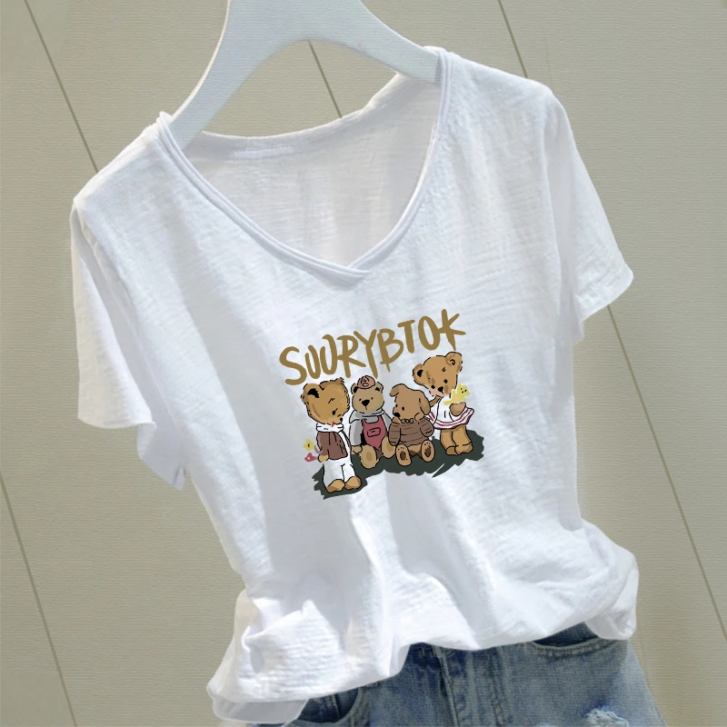 卷边宽松竹节棉V领短袖t恤女士夏季柔软印花气质洋气时尚显瘦女装