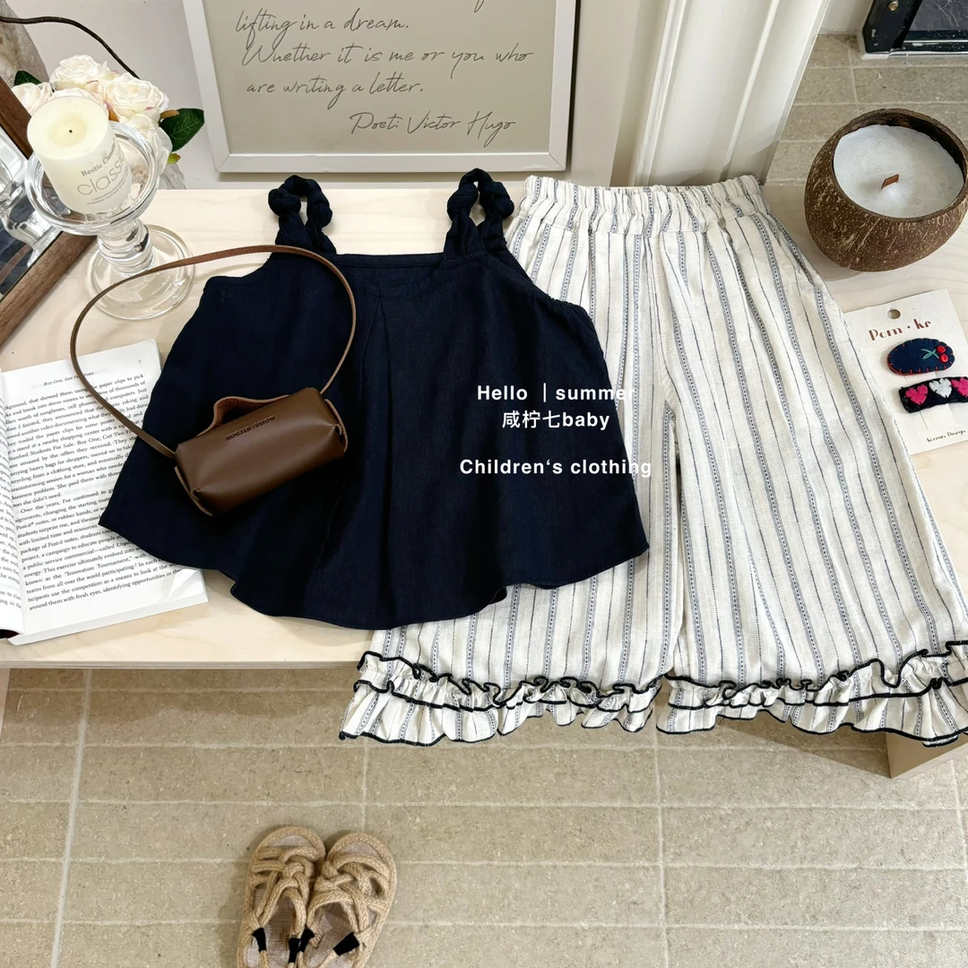 现【咸柠七】女童套装2025新款夏装女宝宝时髦蓝色吊带背心条纹裤子