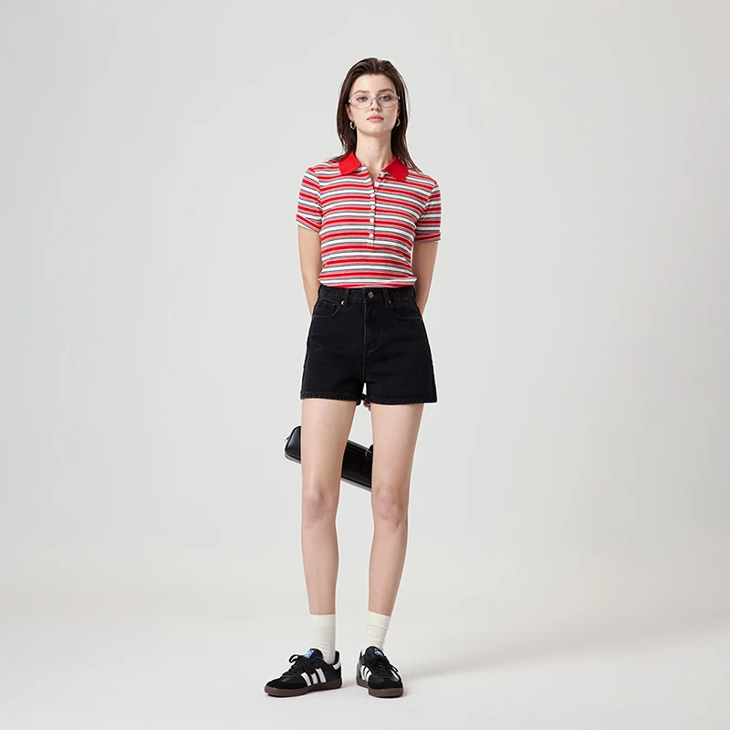 集也休闲黑色四面弹牛仔女2025春夏季A字版型宽松显瘦热裤短裤