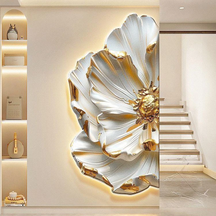 奶油风花卉转角玄关装饰画肌理走廊过道半圆形挂画入户拐角壁画灯