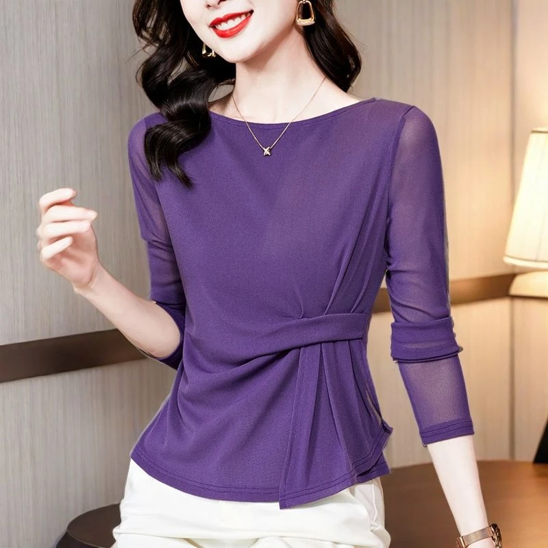 时尚收腰网纱长袖打底衫女2025秋季新款高级感修身显瘦不规则上衣