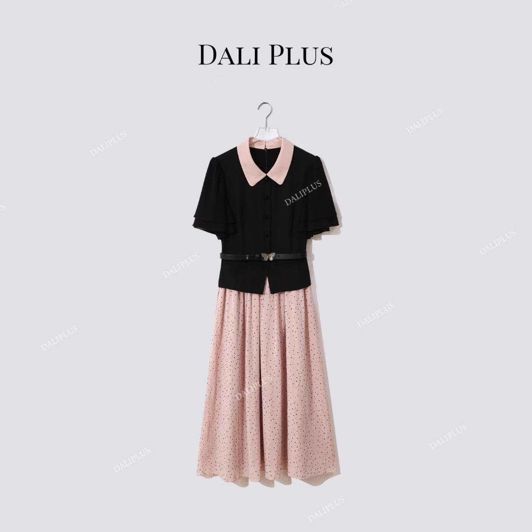 DALI PLUS“假两件粉黑波点连衣裙”腰带法式连衣裙-D5LT2206
