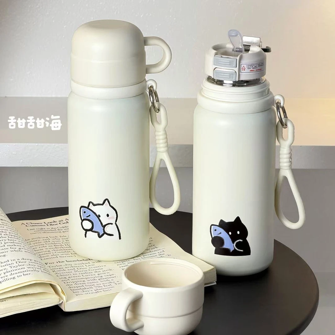 秋冬新款高级保温杯女生校园防摔316不锈钢简约水杯高颜值吸管杯