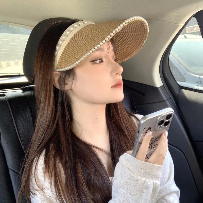 FAVMARTHA草编珍珠遮阳帽发箍空顶草帽女夏季发卡无顶遮脸防晒太