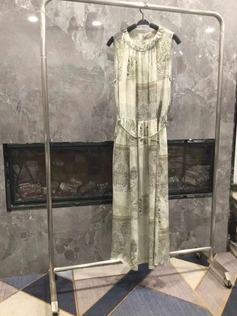 无袖圆领腰带印花连衣裙L01353