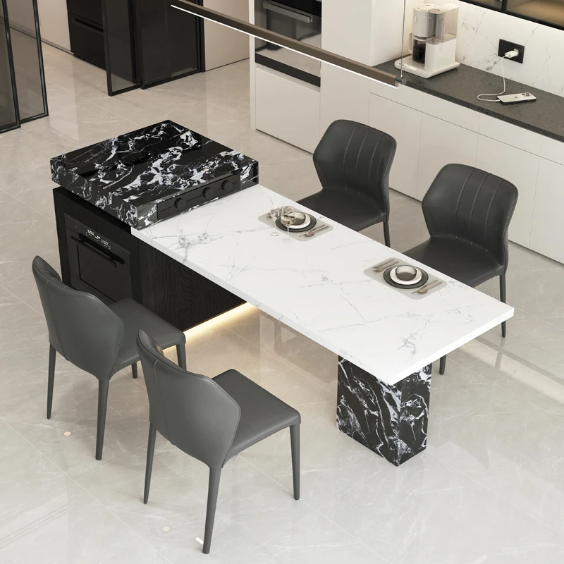 意式极简岩板岛台餐桌一体可定制家用可伸缩高端轻奢中岛台一体桌
