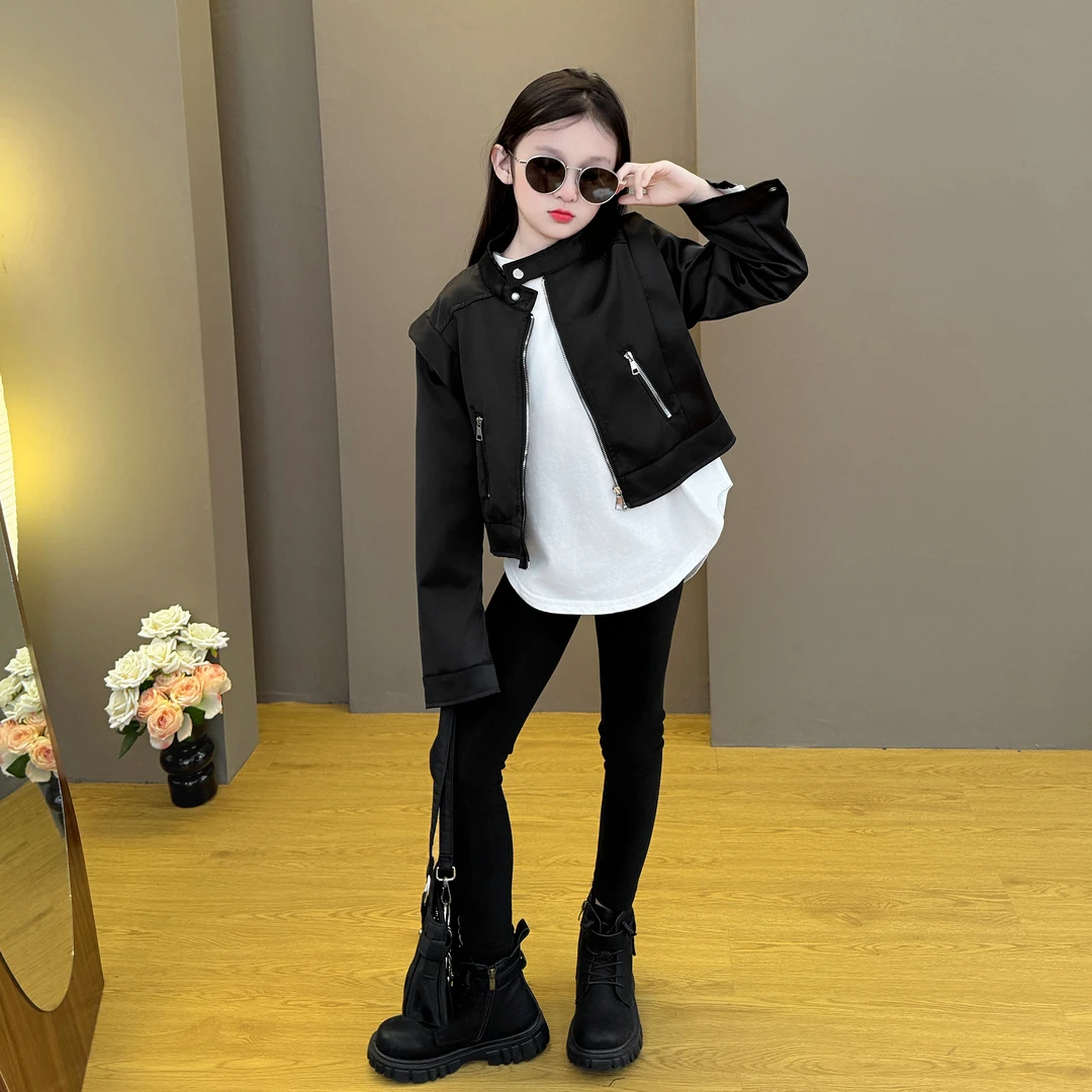 女童春秋季外套2025新款儿童洋气时髦韩系女孩夹克打底裤套装潮酷