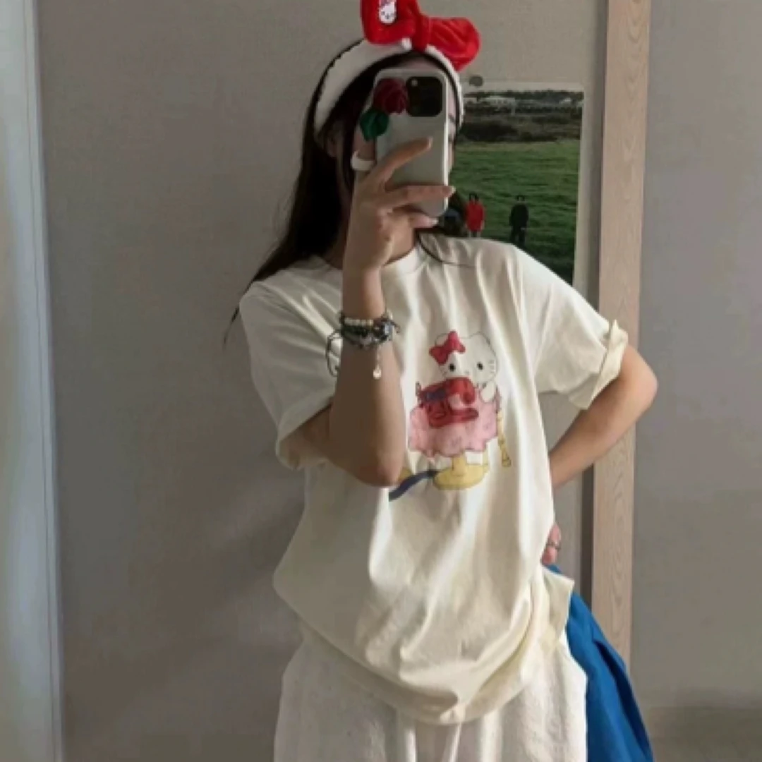 现dohwaji韩国东大门2025春夏季款洋气卡通猫咪印花短袖T恤女