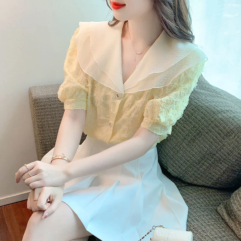 夏季新款甜美气质荷叶边双层娃娃领立体剪花短袖雪纺衫上衣女