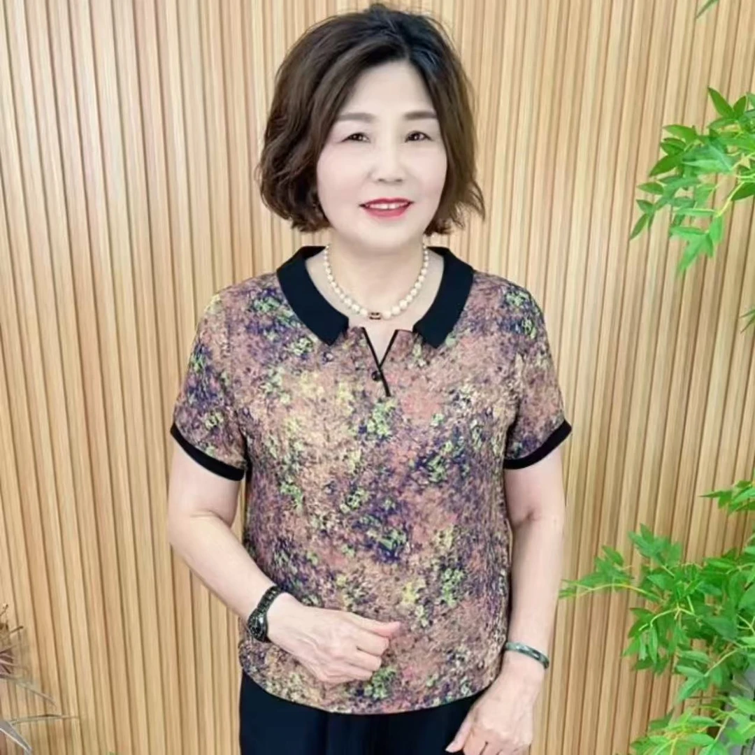 薄款休闲风短袖宽松型时尚中老年女装女士夏季日系迷彩风妈妈装