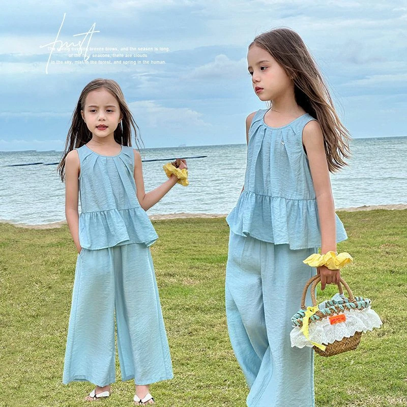 两件套小象长裤休闲图图荷叶边吊带款亲子套装2025女童夏装套装