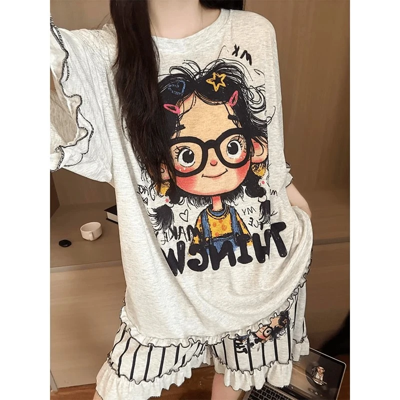 带胸垫甜美卡通2025年新款花边短袖睡衣女夏季新款宽松家居服套装