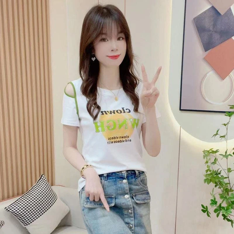 正品哥家棉混时尚烫钻印花短袖t恤女士2025夏季新款露肩显