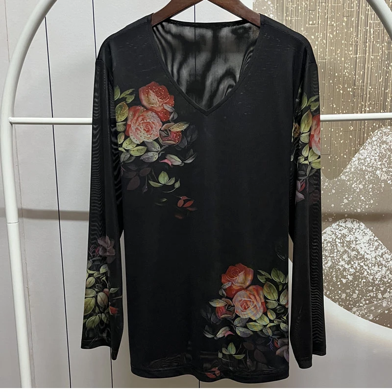 5619大码春秋V领小衫200斤弹力网纱上衣长袖打底衫百搭休闲t恤