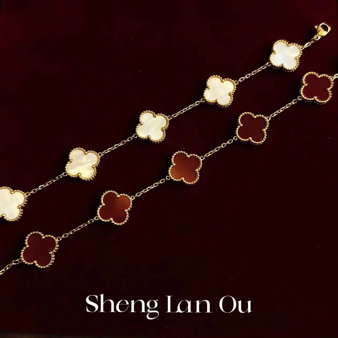 钛钢手链 经典四叶草五花手链不掉色气质轻奢时尚百搭红色双面