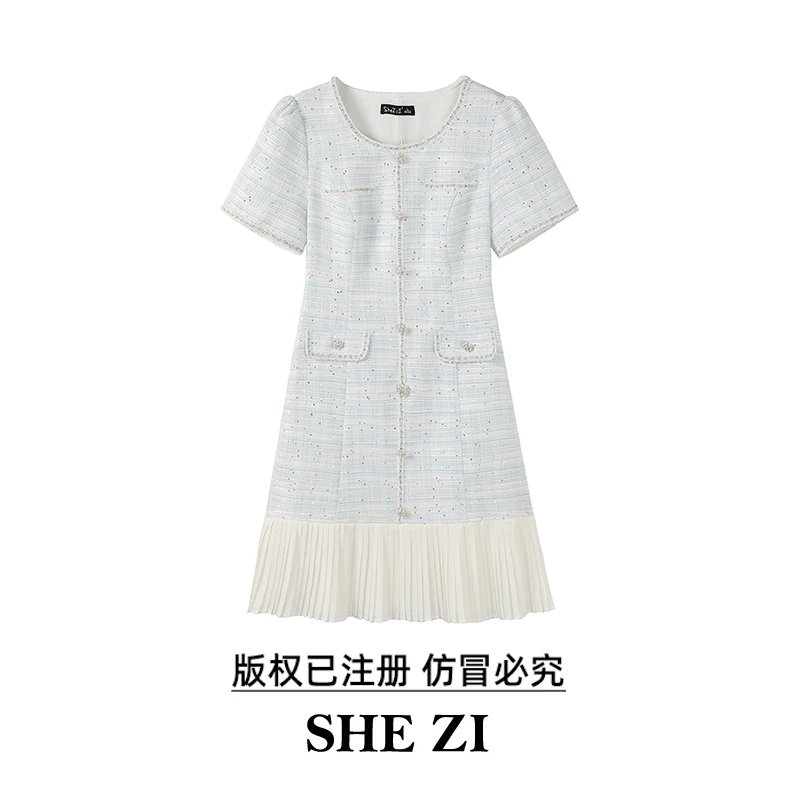 奢姿【月夕花熹】大码女装夏新款显瘦时尚减龄小香风拼接百褶连衣裙